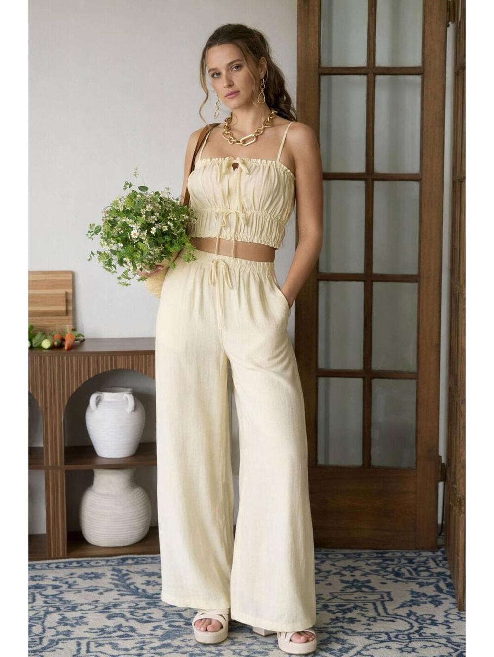 FRONT TIE CROPPED CAMI TOP AND WIDE LEG PANT SET